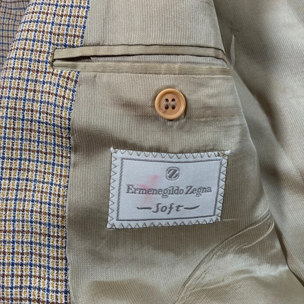 Ermenegildo Zegna Wool Silk Blazer 46R Tan‎ Check Sport Coat Saks Fifth Avenue